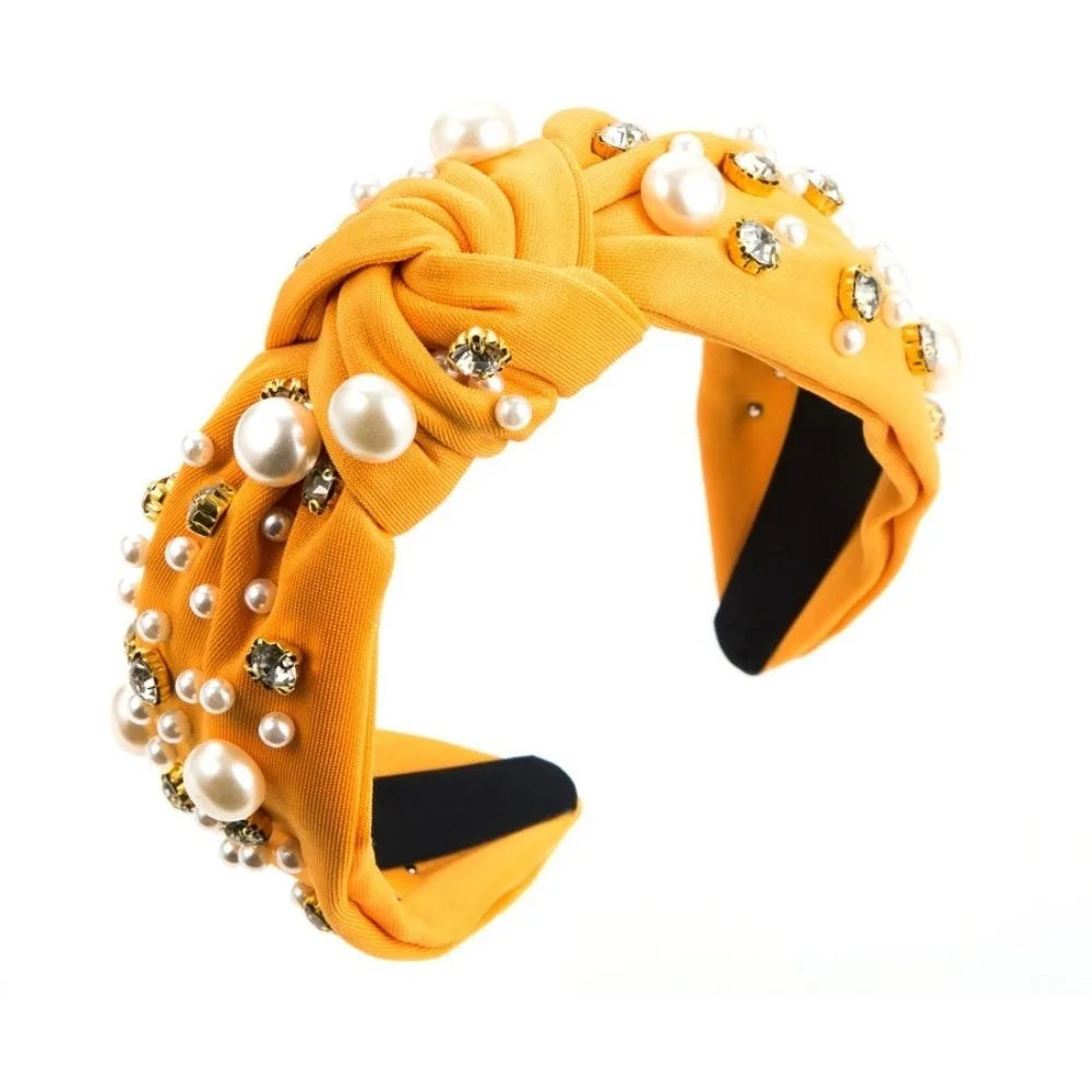 Rhinestone Pearl Wide Headband Hair Hoop – 12 Colors Pearl Rhinestone Headband Qme Yellow