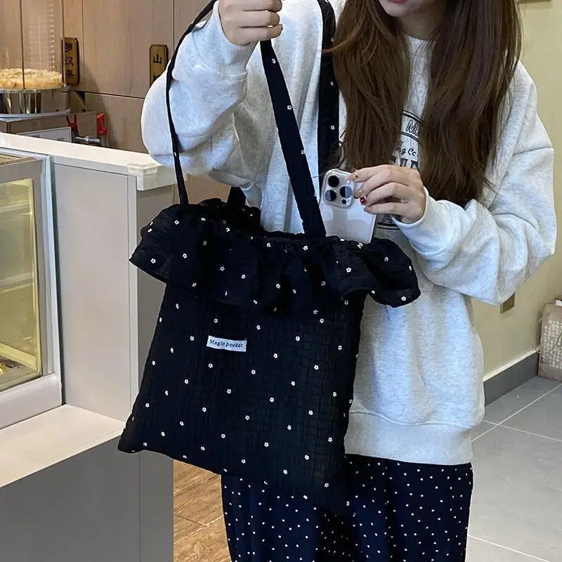 Women's Polka Dot Chiffon Mesh Tote Bag – Large Capacity Chiffon Tote Handbag Qme one size Black