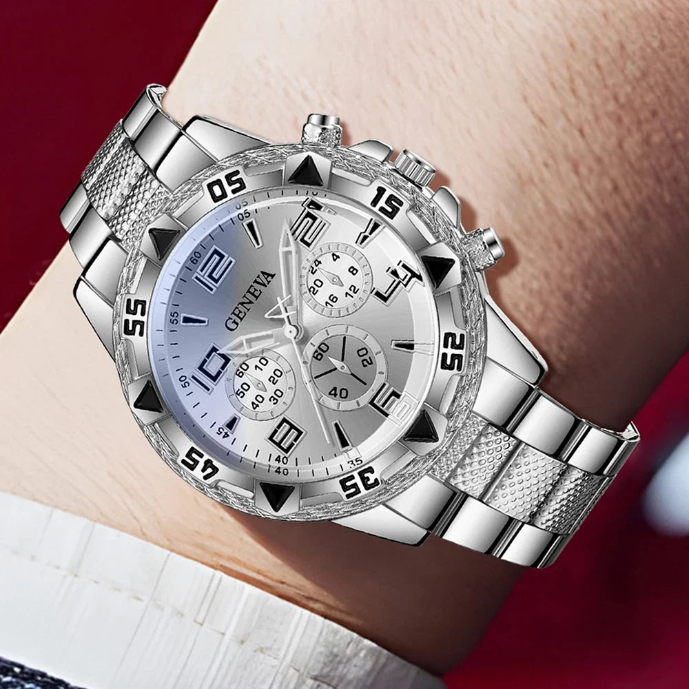 Geneva Silver Plate Men's Diamond Dial Steel Strap Watch Men's Fashion Watch Qme