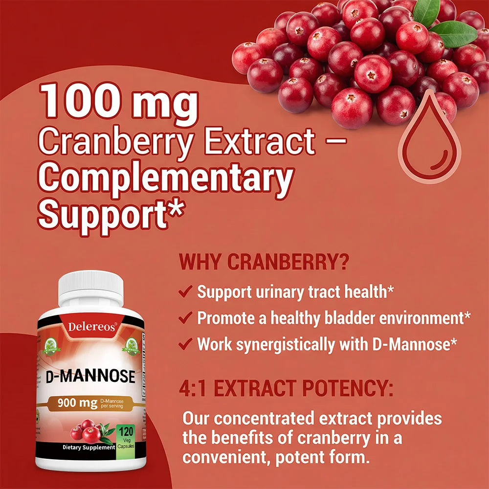 Organic D-Mannose 900mg + Cranberry – 120 Vegan Capsules Dietary Supplement Qst