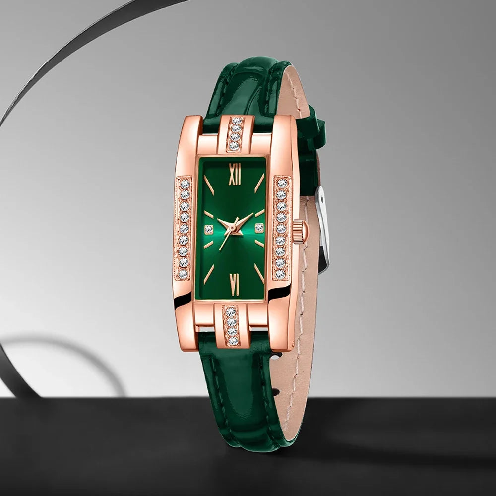 Emerald Rhinestone Jewelry Set – Watch, Necklace, Earrings, Ring Rhinestone Jewelry Set Qme