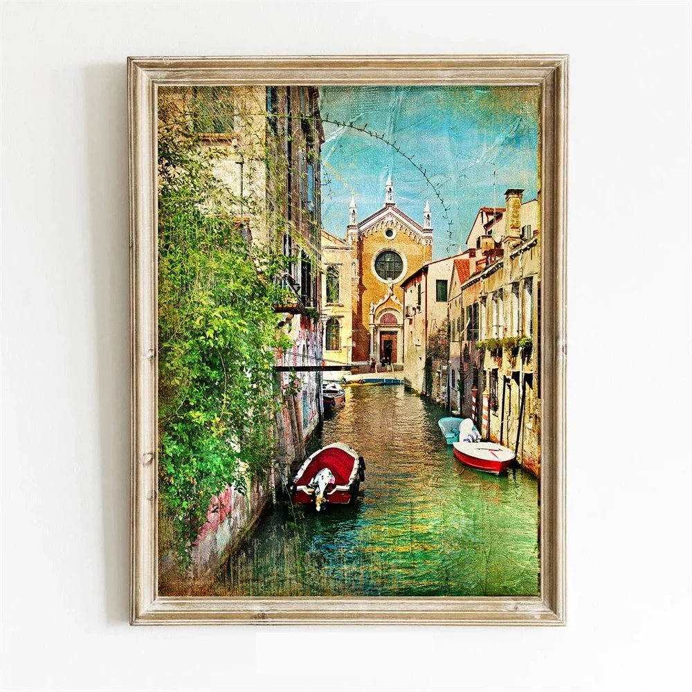 Retro Nostalgic Town Canvas Poster | Flowers Boats Bicycles Canvas Wall Art Qst