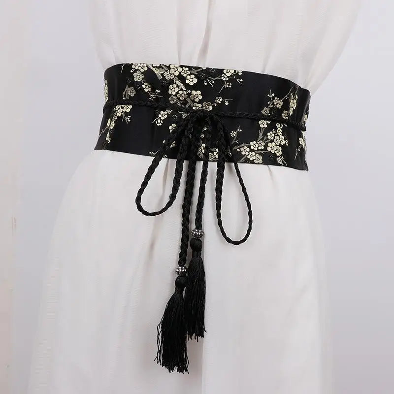 Vintage Floral Embroidered Wrap Belt – Bow Tie Tassel Sash Embroidered Wrap Belt Qst F