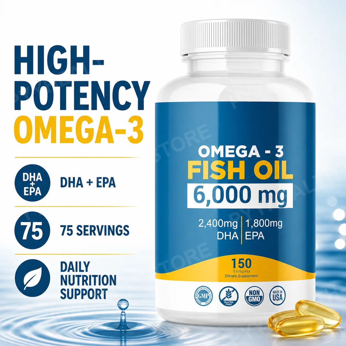 Omega-3 Fish Oil 6000mg Softgels | 2400mg DHA 1800mg EPA | 150ct Omega-3 Supplement Qst
