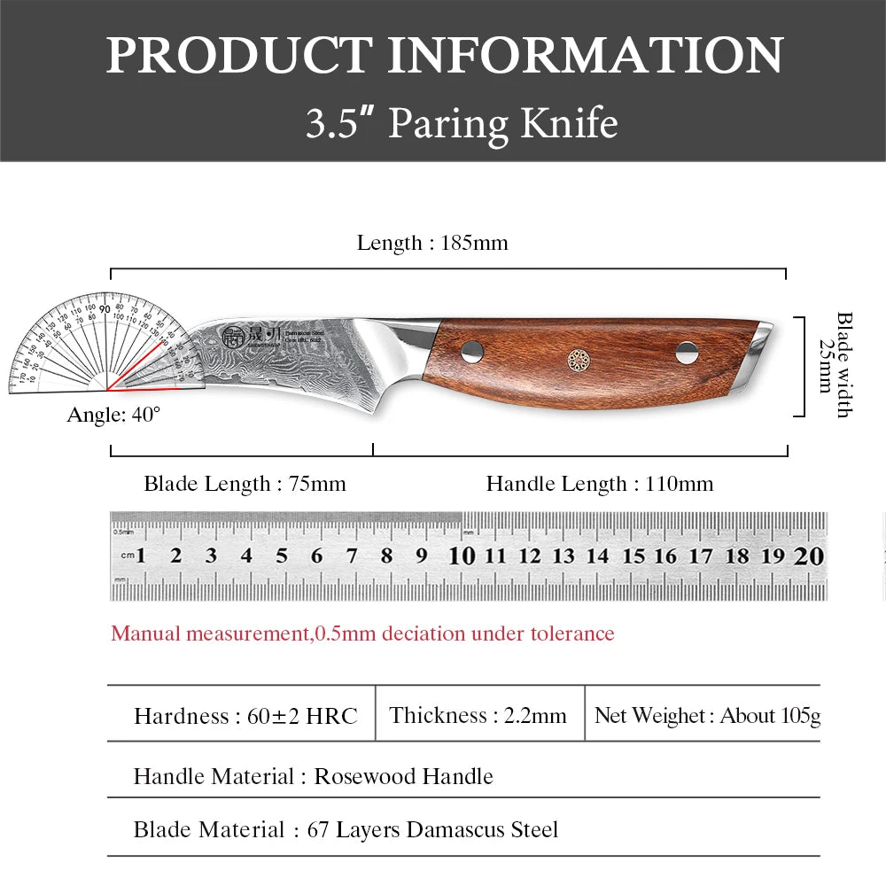 SHENGSHARP 3" Damascus Steel Paring Knife – 67 Layer Rosewood Damascus Paring Knife Qst