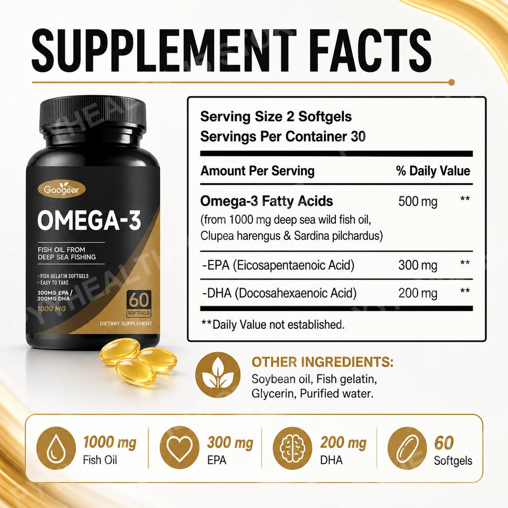Googeer Omega-3 Fish Oil Softgels EPA 300mg DHA 200mg 60ct Fish Oil Supplement Qst