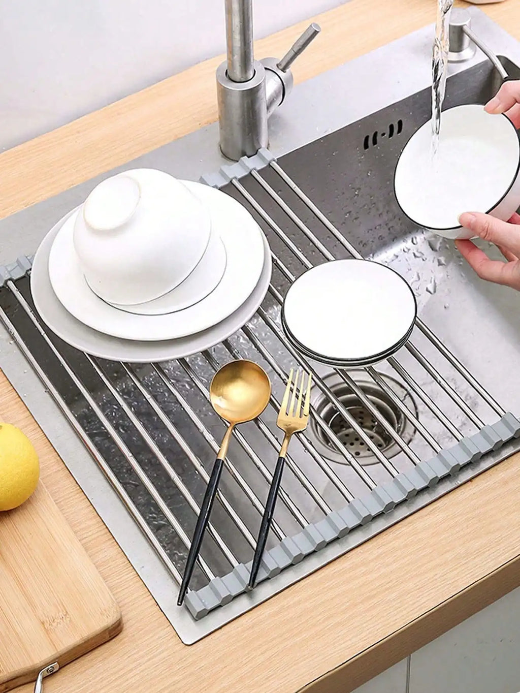 Foldable Expandable Roll-Up Dish Drying Rack for Sink Dish Drying Rack Qme