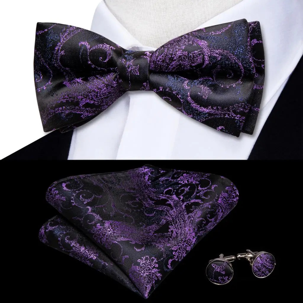 Men's Silk Bow Tie, Pocket Square & Cufflinks Set – Purple Bow Tie Gift Set Qme LDLH0566