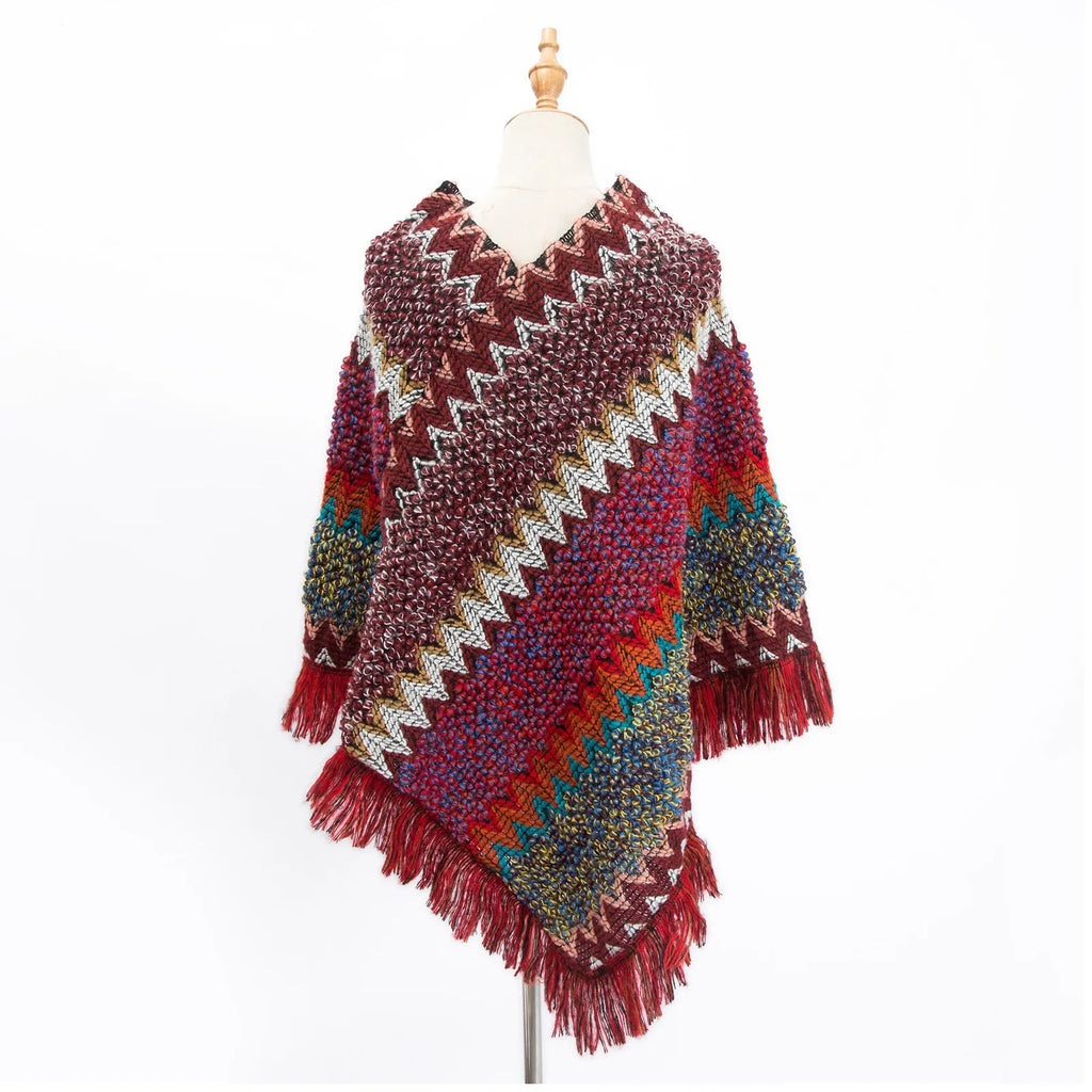 Women's Ethnic Knitted Tassel Poncho Cape Shawl Wrap Knitted Poncho Shawl Qme