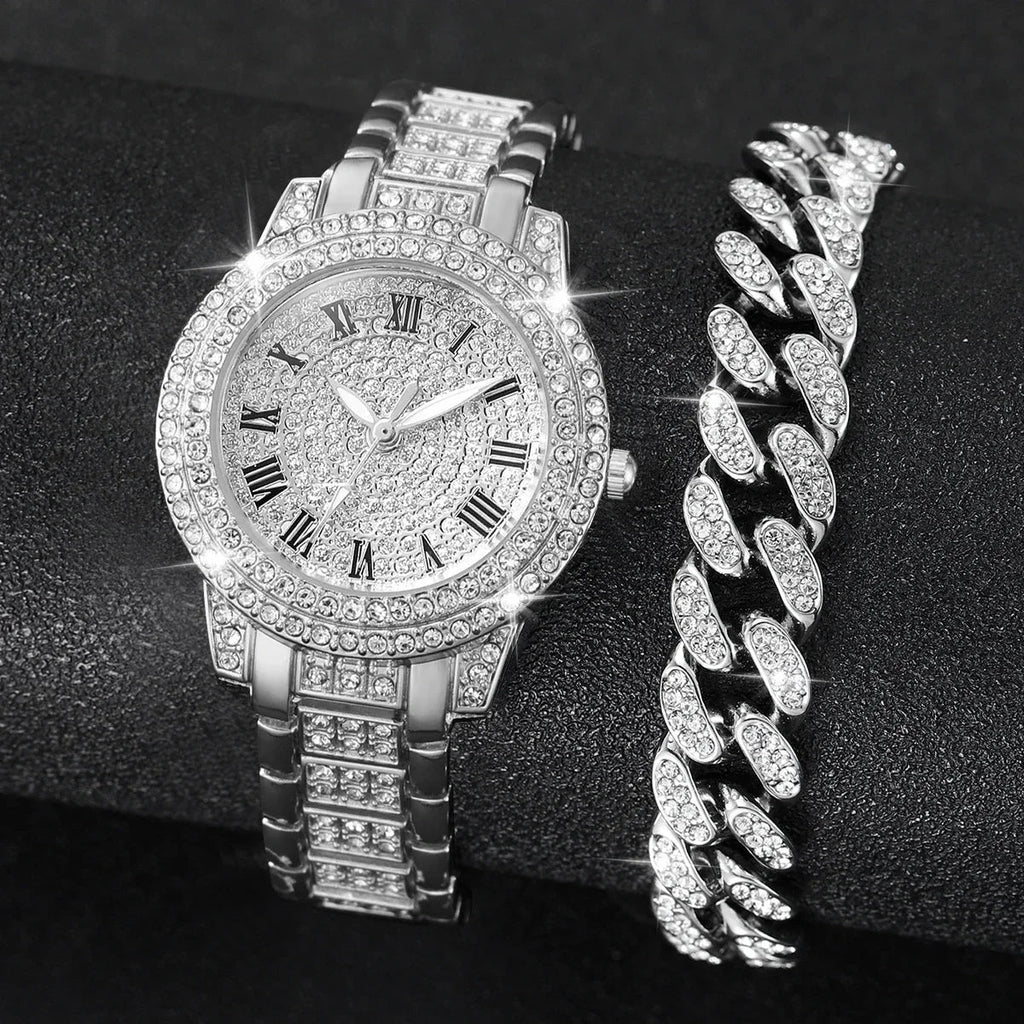 Women's Gold Rhinestone Watch Set – 2 Pcs Diamond Style Women's Watch Set Qme