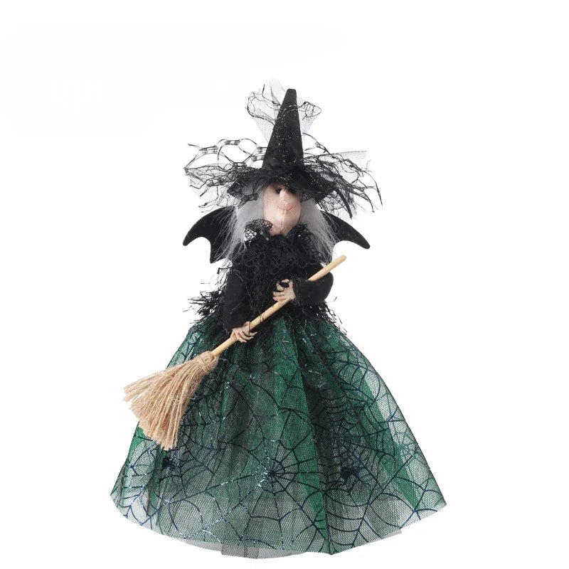 Halloween Witch Doll Ornament – Broom, Spider Web & Sequin Dress Halloween Ornament Qme green