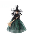 Halloween Witch Doll Ornament – Broom, Spider Web & Sequin Dress Halloween Ornament Qme green