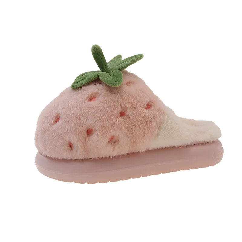 3D Strawberry Fluffy Plush Slippers – Women's Cozy Winter Slides Plush House Slippers Qst