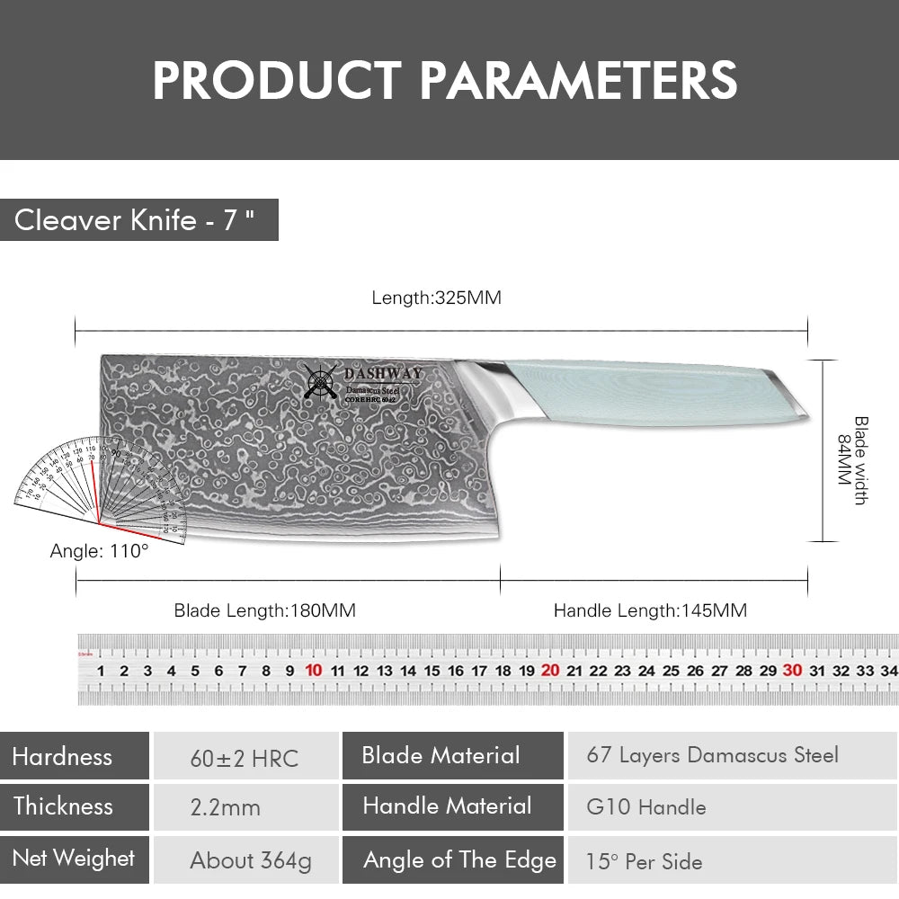DASHWAY 7" Damascus Steel Cleaver – Professional Chef Knife Damascus Cleaver Knife Qst