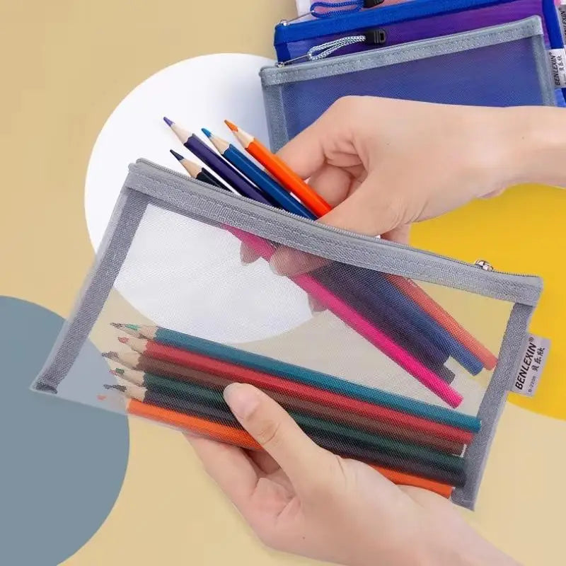 Transparent Mesh Pencil Pouch – Zip Organizer for School & Office Pencil Pouch Qme