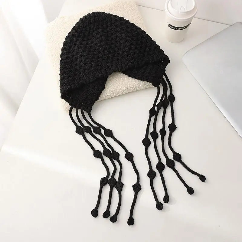 Women's Winter Knitted Tassel Beanie with Ear Cover Knitted Winter Beanie Qst A2