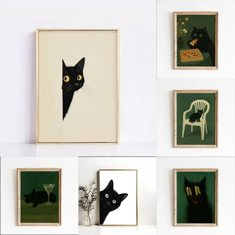 Peeping Black Cat Canvas Wall Art – Funny Minimalist Poster Canvas Wall Art Qst