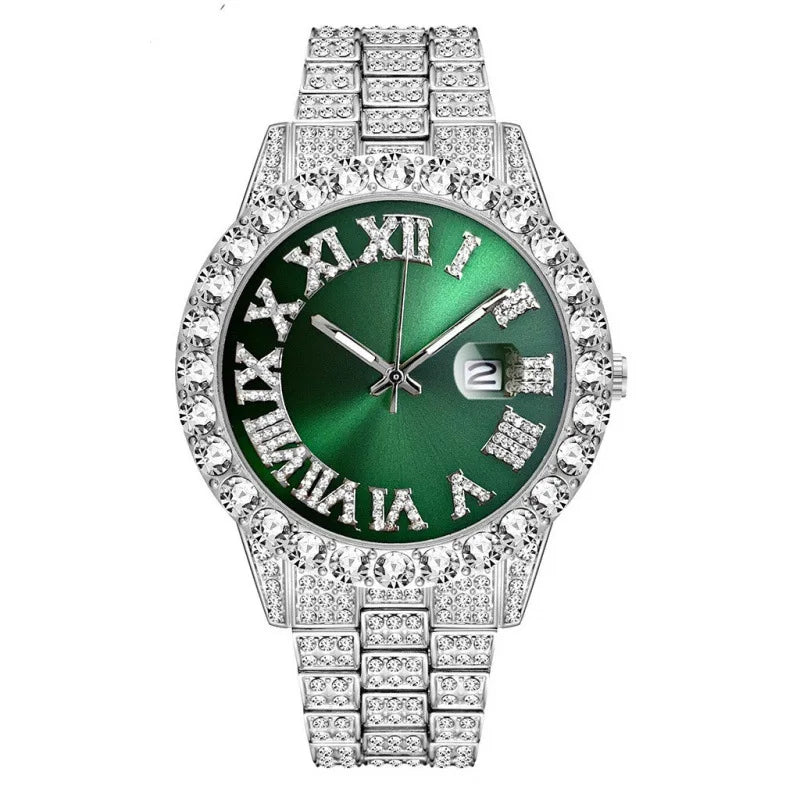 Hip-Hop Diamond Studded Quartz Watch & Bracelet Set – 18 Styles Watch & Bracelet Set Qme
