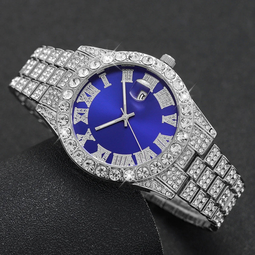 Men's Full Diamond Quartz Watch – Steel Band & Calendar Men's Quartz Watch Qme