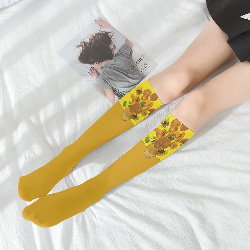 Van Gogh Sunflower Art Print Women's Stockings – 15 Colors Novelty Print Stockings Qme