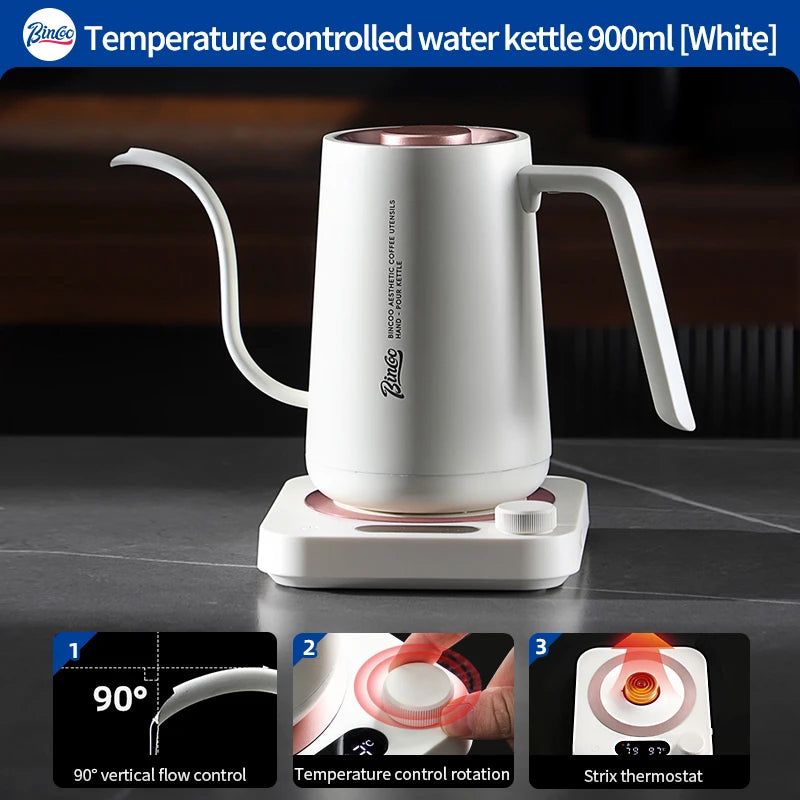 Bincoo 0.9L Gooseneck Electric Kettle – 1500W Temperature Control Gooseneck Electric Kettle Qst white-900ml