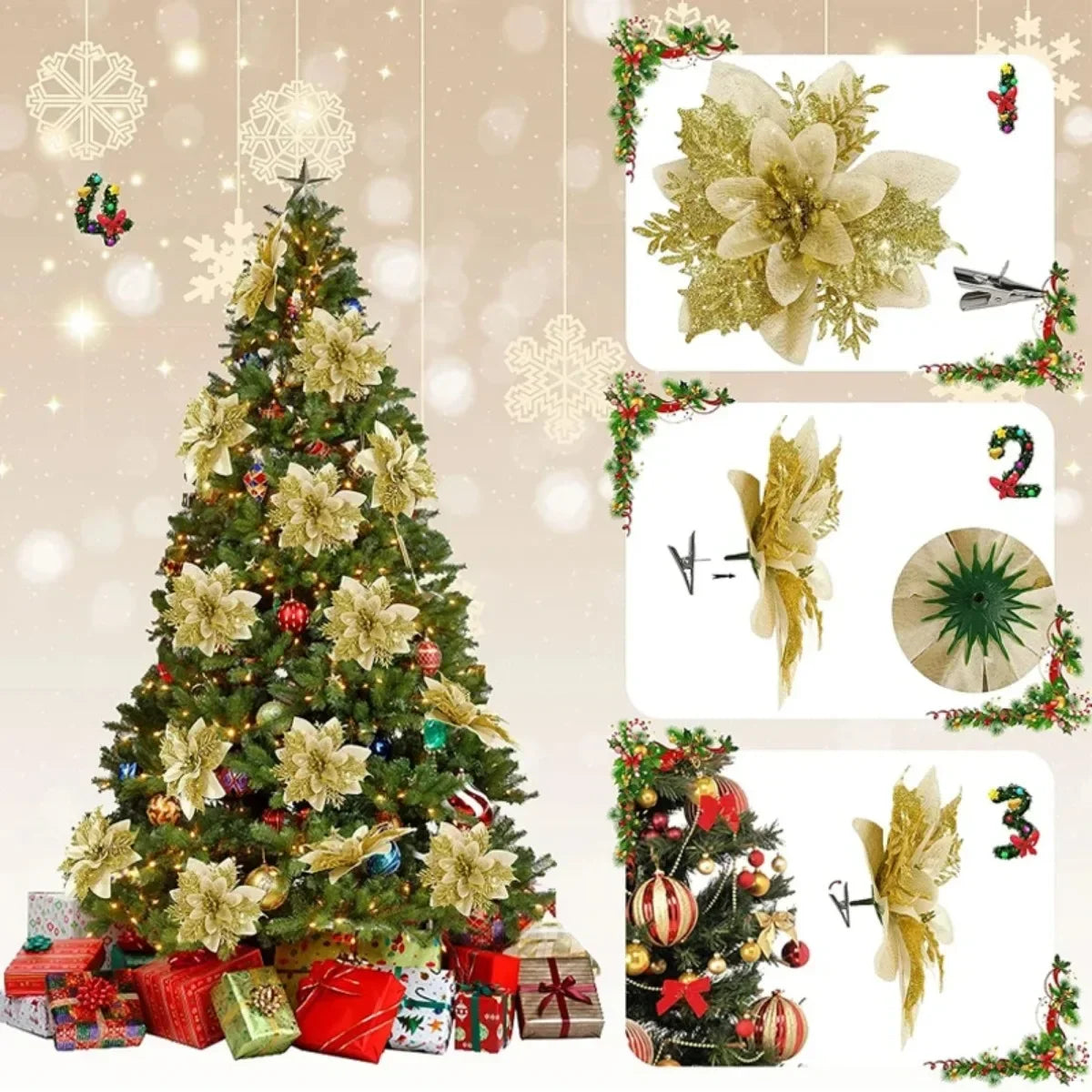 10 Christmas Glitter Artificial Flowers DIY Tree Ornaments Christmas Tree Ornaments Qme
