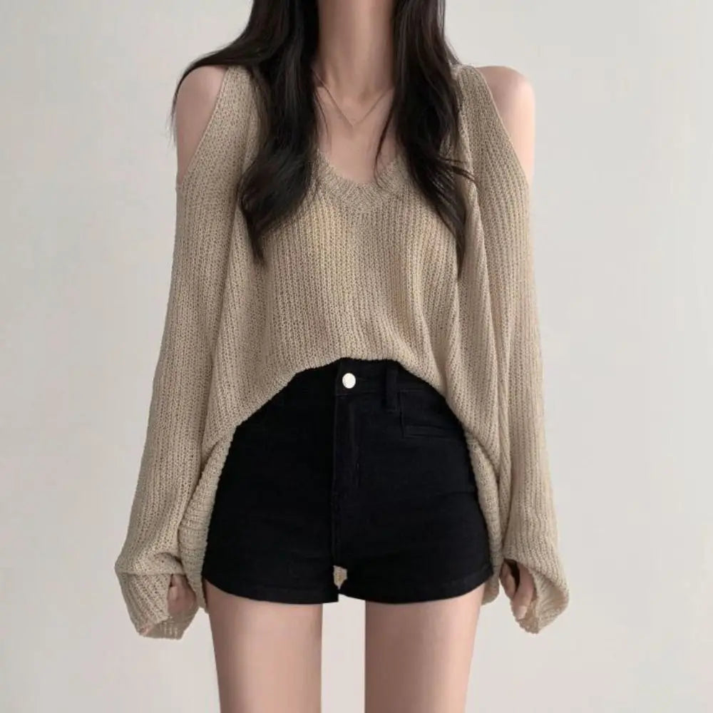 Hollow Out Crochet Knit Pullover – V-Neck Long Sleeve Top Crochet Knit Pullover Qme