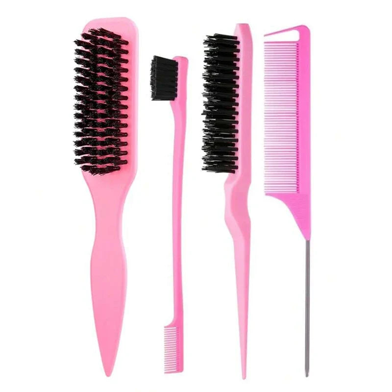 Boar Bristle Hair Brush – Sleek Ponytail, Bun & Slick Back Boar Bristle Hair Brush Qme 4PCS Pink Set