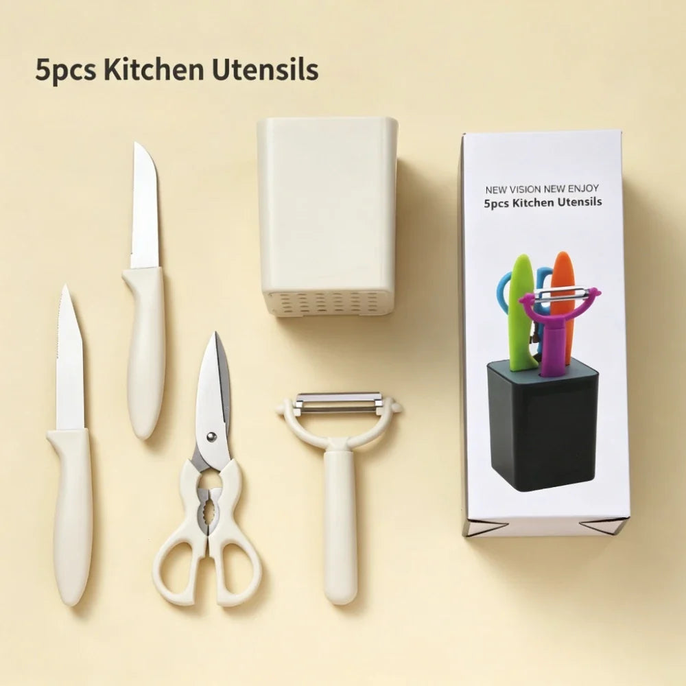 5-Piece Kitchen Utensil Set with Storage Rack – White Steel Kitchen Utensil Set Qme 5pcs set