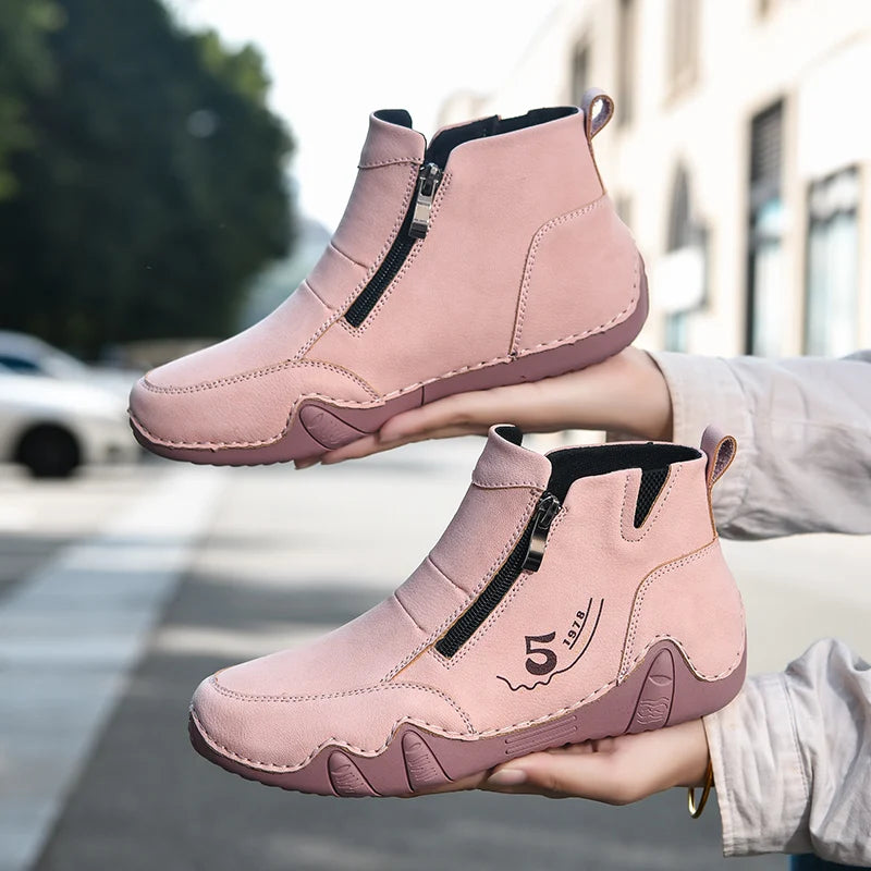 Women's Split Leather Ankle Boots – Flat Zip-Up Casual Boots Women's Ankle Boots Qst Pink 41