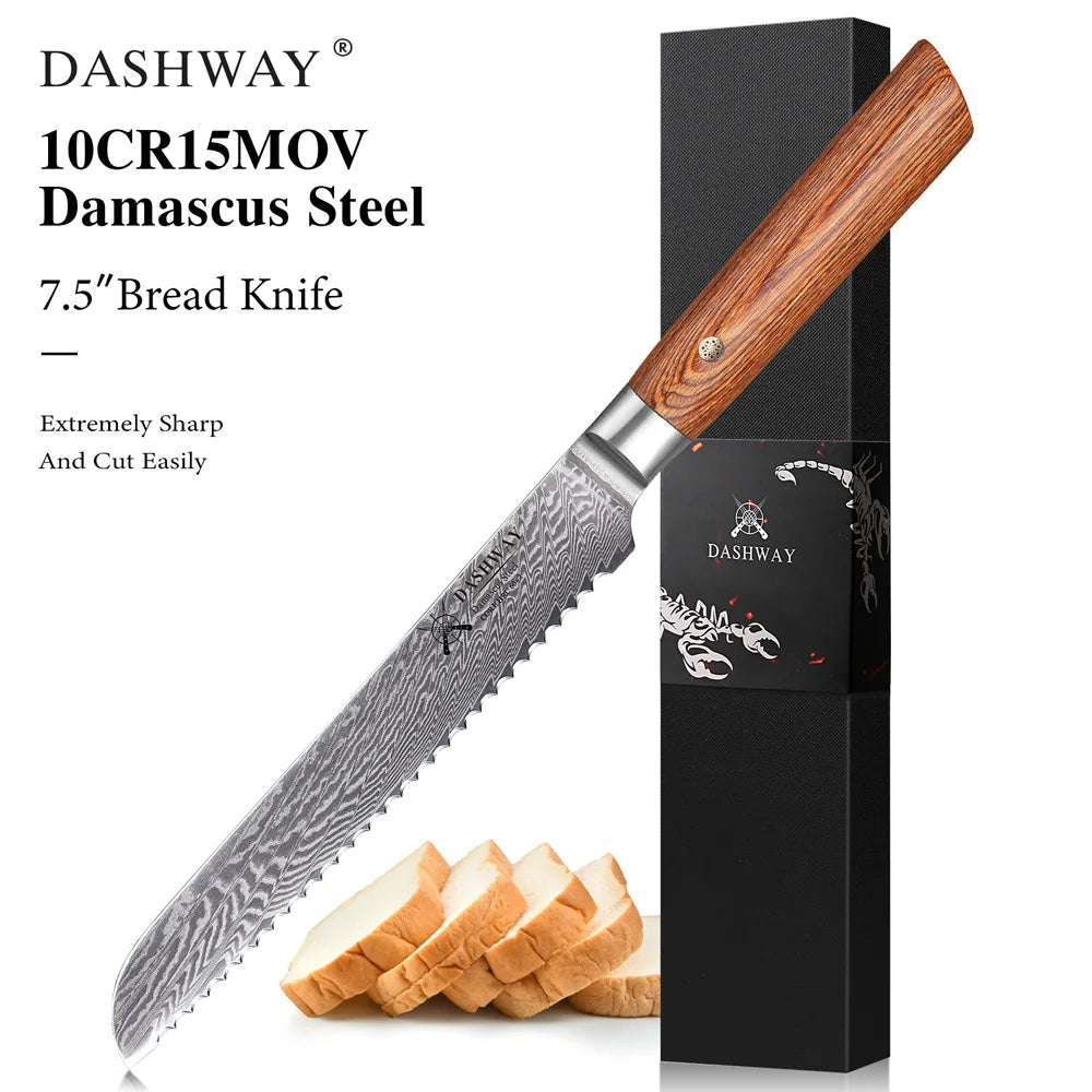 DASHWAY 7.5" Damascus Serrated Bread Knife – Pakkawood Handle Damascus Bread Knife Qst