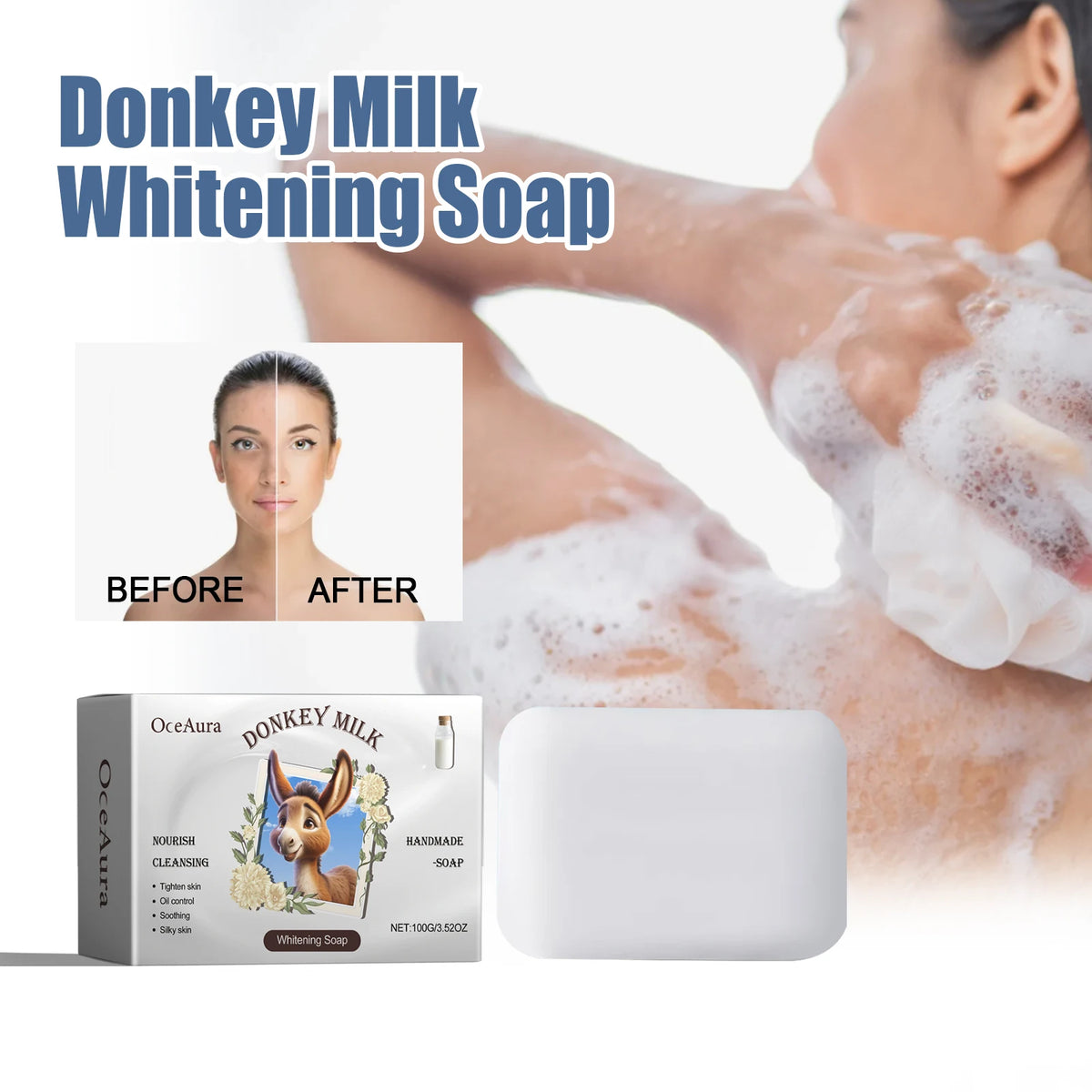 OCEAURA Donkey Milk Whitening Soap – All Skin Types Whitening Bar Soap Qst