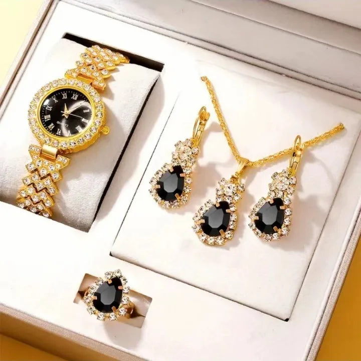 Gold Rhinestone Women's Watch & Jewelry Set – Ring, Necklace, Earrings Women's Jewelry Set Qme black