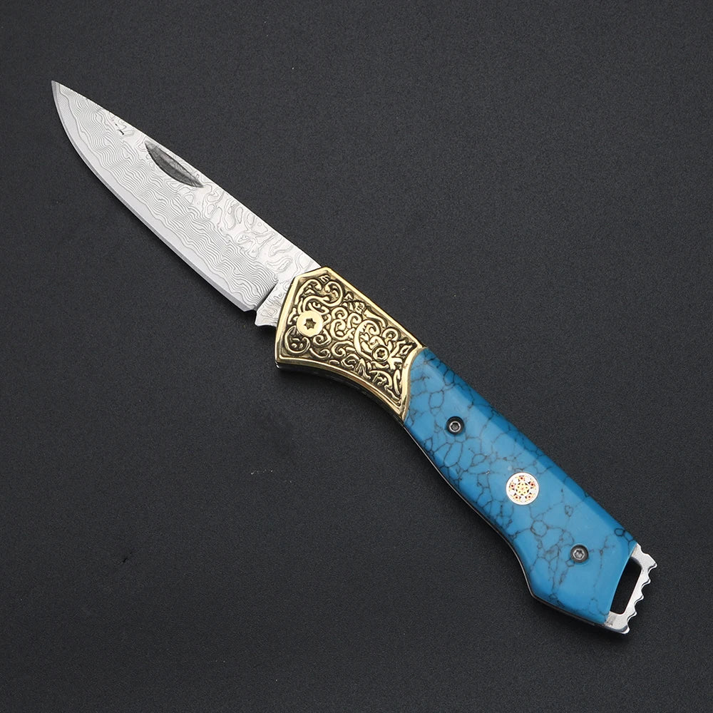 XUANFENG Damascus Folding Pocket Knife – Blue Pattern Steel Damascus Folding Knife Qst