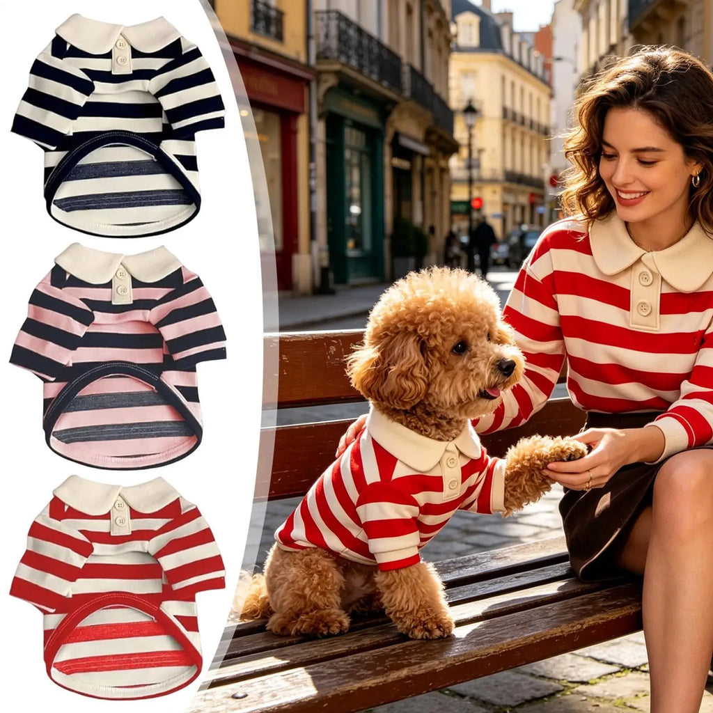 Small Dog Striped T-Shirt | Breathable Collared Pet Outfit Dog Apparel Qme