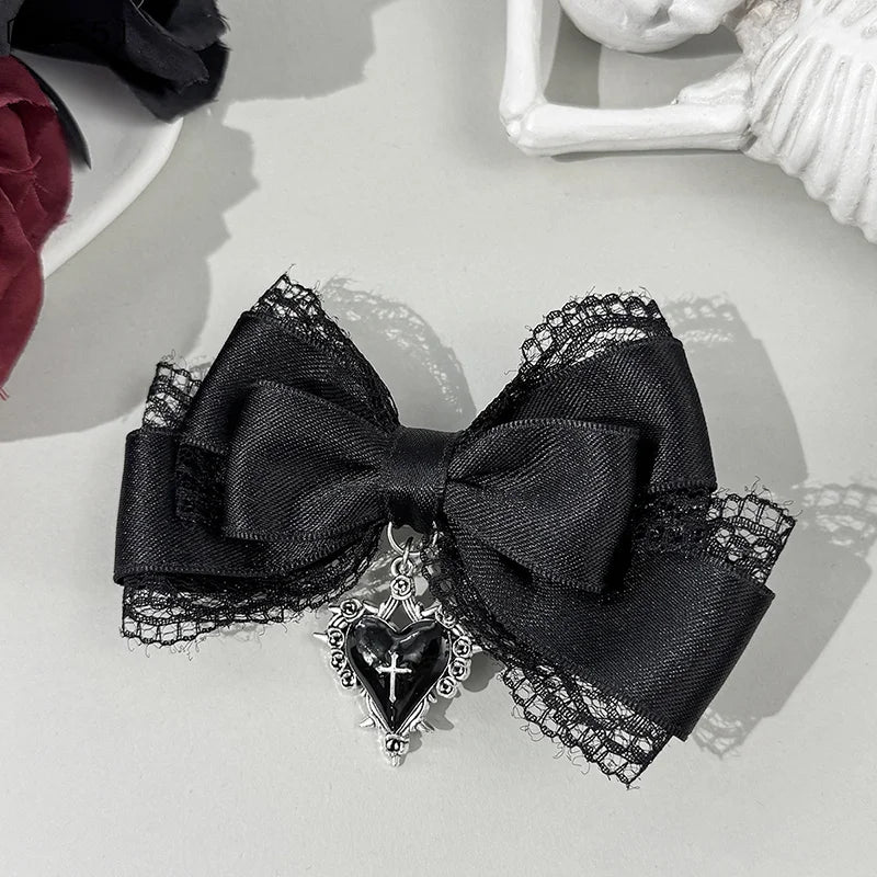 Gothic Lolita Black Ribbon Bow Hair Clip – Elegant Headdress Hair Clip Qst