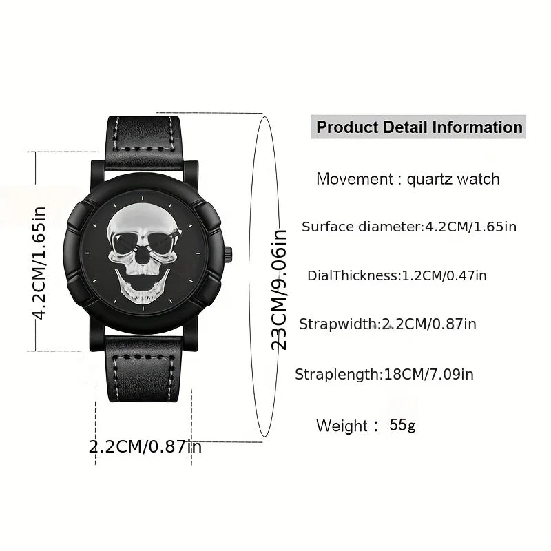 Skull Pattern Round Quartz Watch – PU Leather Strap Quartz Fashion Watch Qme