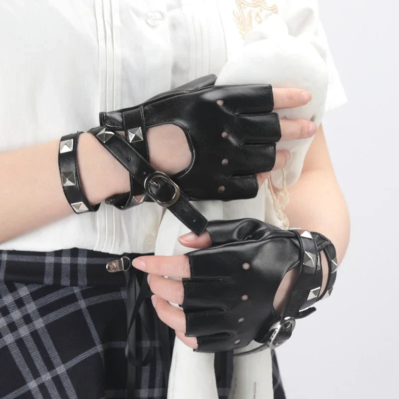Women's Black Fingerless Gloves | Rivet Buckle Punk Style Fingerless Fashion Gloves Qme