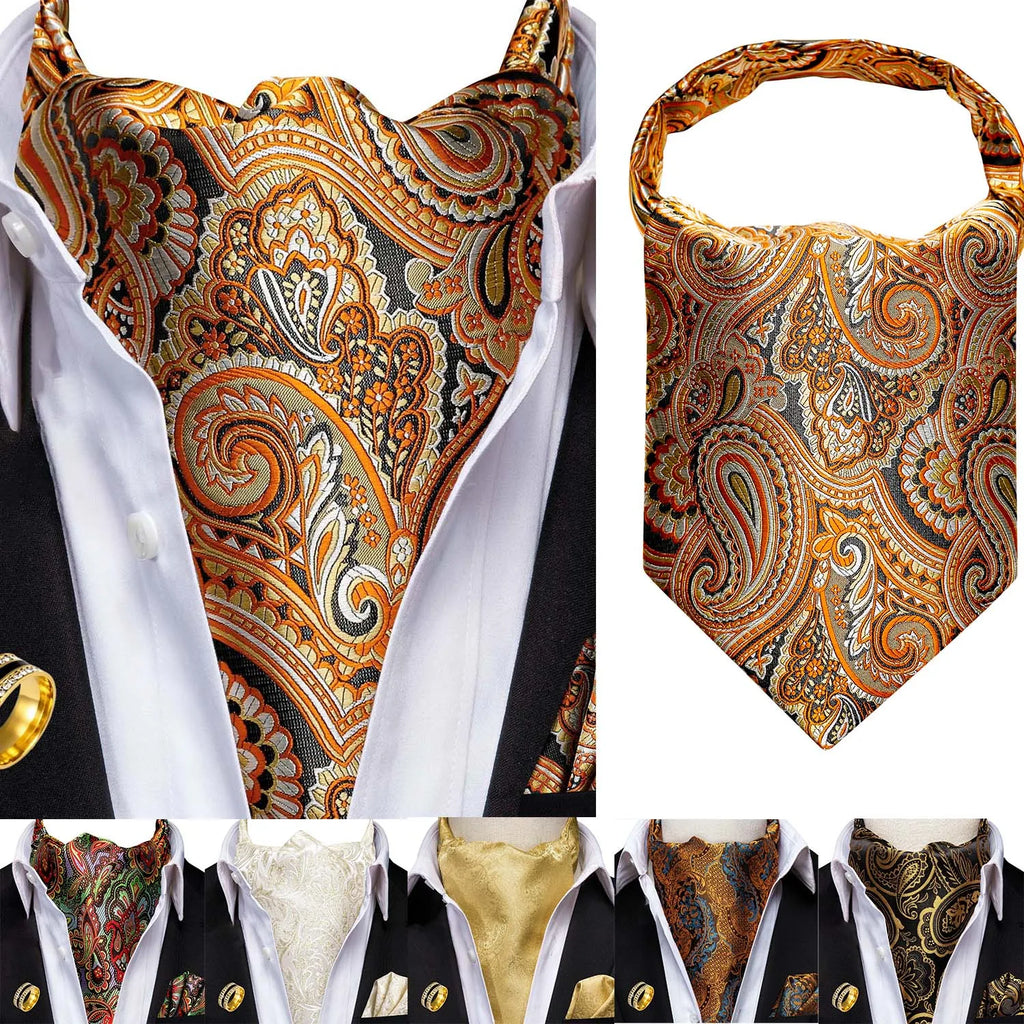Men's Ascot Tie Cravat Set with Pocket Square & Decorative Ring Ascot Cravat Set Qme