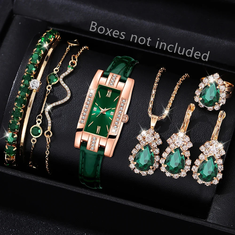 Emerald Rhinestone Jewelry Set – Watch, Necklace, Earrings, Ring Rhinestone Jewelry Set Qme green
