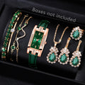 Emerald Rhinestone Jewelry Set – Watch, Necklace, Earrings, Ring Rhinestone Jewelry Set Qme green