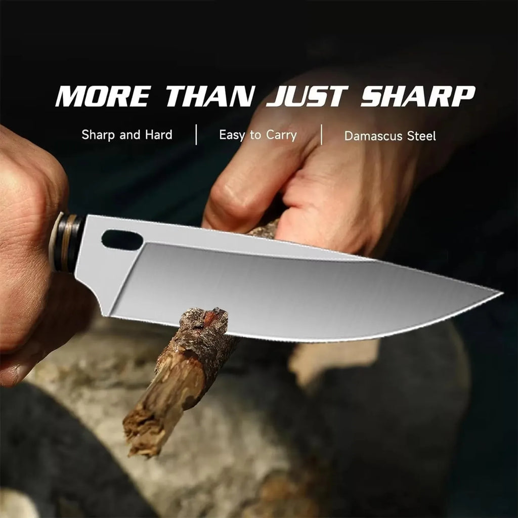 Damascus Fixed Blade Hunting Knife with Leather Sheath Fixed Blade Knife Qst