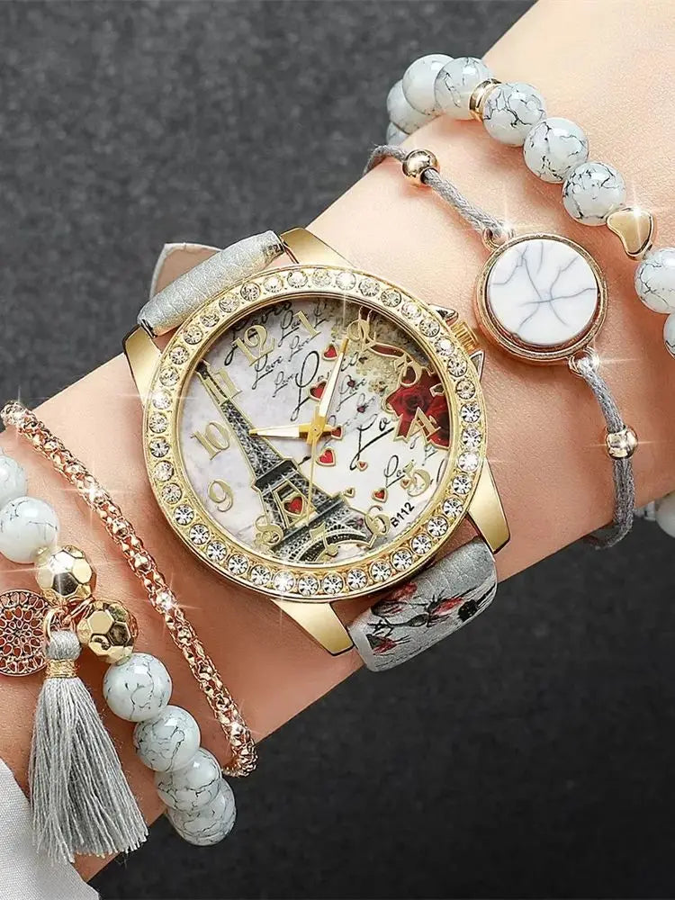 Women's Retro Quartz Watch & Beaded Bracelet Set | 5-Piece Quartz Watch Set Qme
