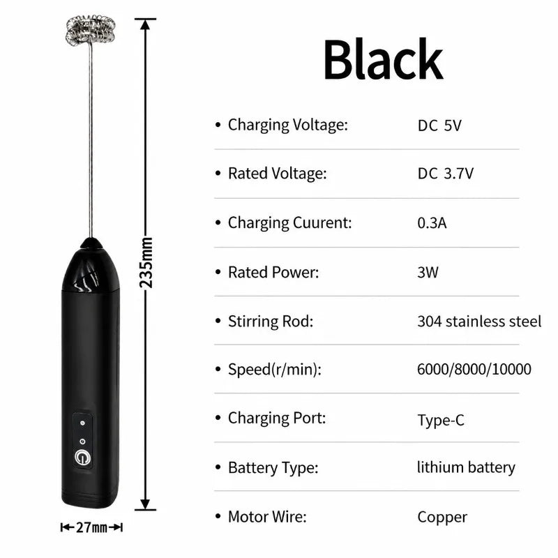 ZARTSEN USB Rechargeable Mini Milk Frother – 3-Speed Foam Maker Milk Frother Qst Black
