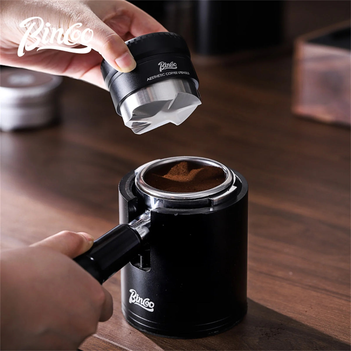 Bincoo 58mm Auto-Leveling Coffee Tamper – 5-Blade Wood Handle Espresso Tamper Qst