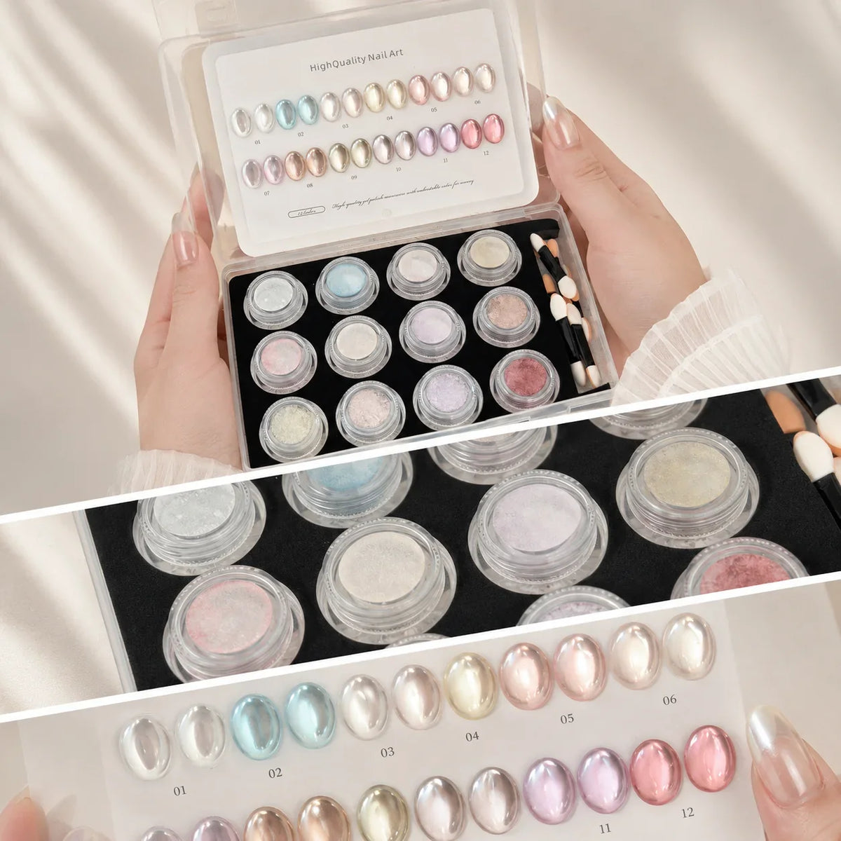 Aurora Chrome Nail Powder 12 Colors Mirror Pearl Pigment Kit Chrome Nail Pigment Kit Qme
