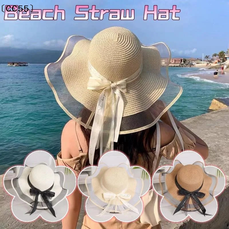 Wide Brim Straw Sun Hat – Lace Bow UV Protection Beach Cap Wide Brim Sun Hat Qst