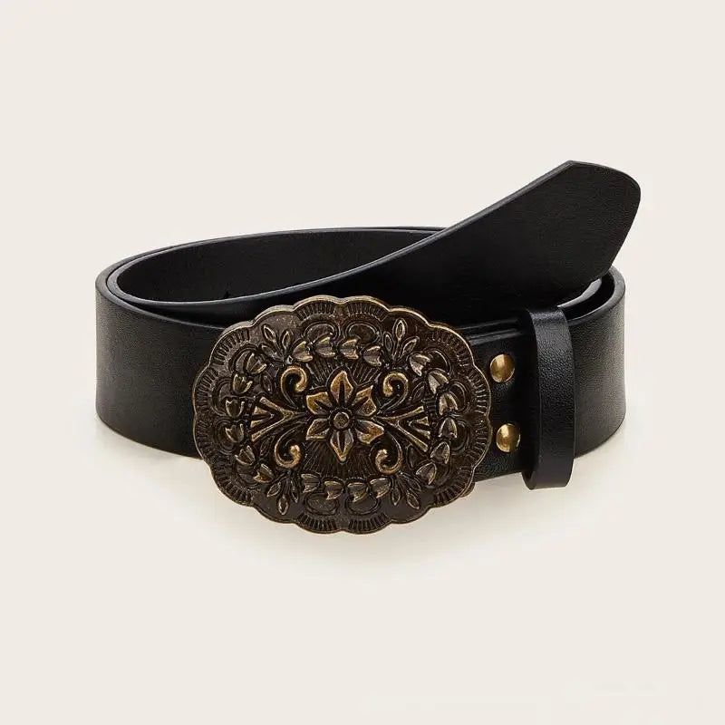Vintage Boho Western Belt – White Stone Buckle Embossed Leather Boho Leather Belt Qst A8