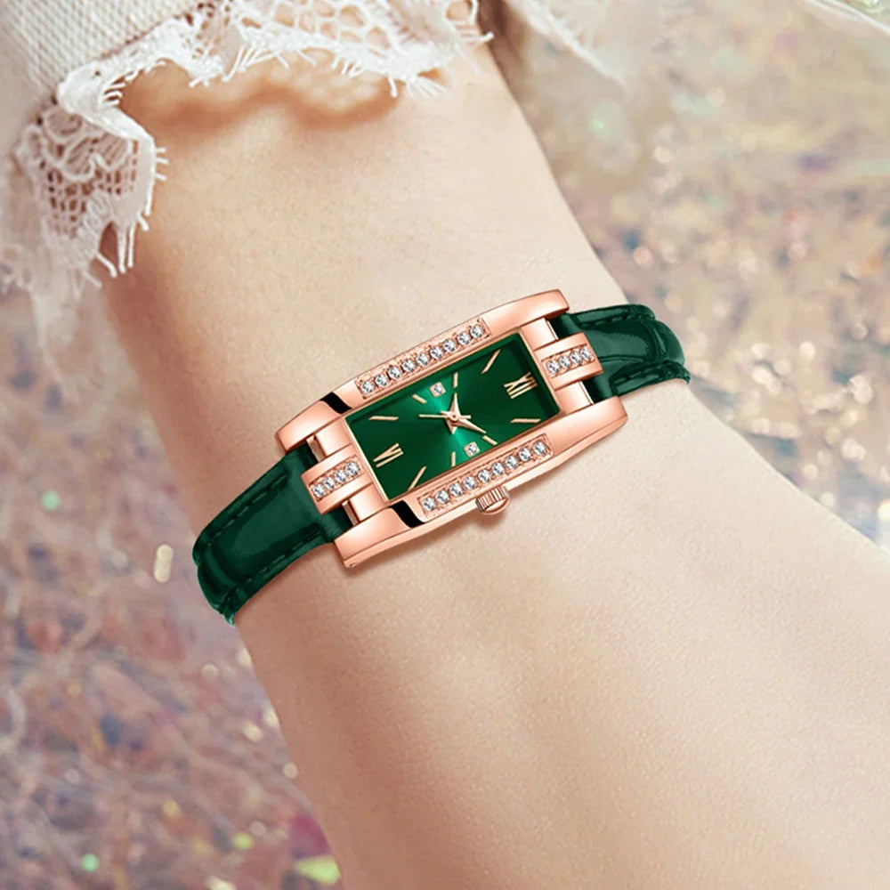 Emerald Rhinestone Jewelry Set – Watch, Necklace, Earrings, Ring Rhinestone Jewelry Set Qme