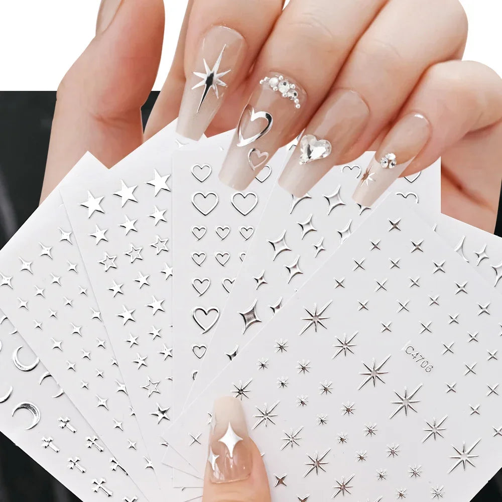 6 Sheets Metallic 3D Star Nail Art Stickers – Silver Decals Nail Art Stickers Qme Default Title